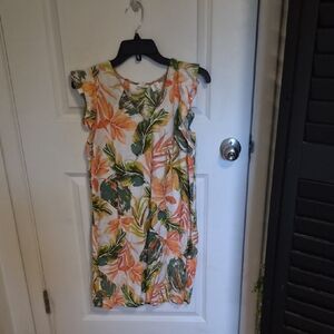 Sleeveless Midi Dress with Orange Floral & Green Leaf Print